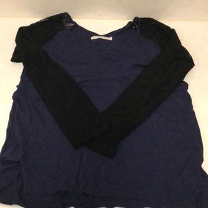 Graham & Spencer Navy top with lace black sleeves